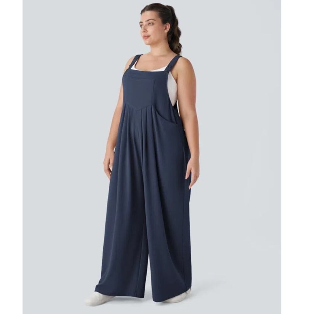 Halara Navy Waffle Wide Leg Overalls Jumpsuit Large Pockets Relaxed Comfort